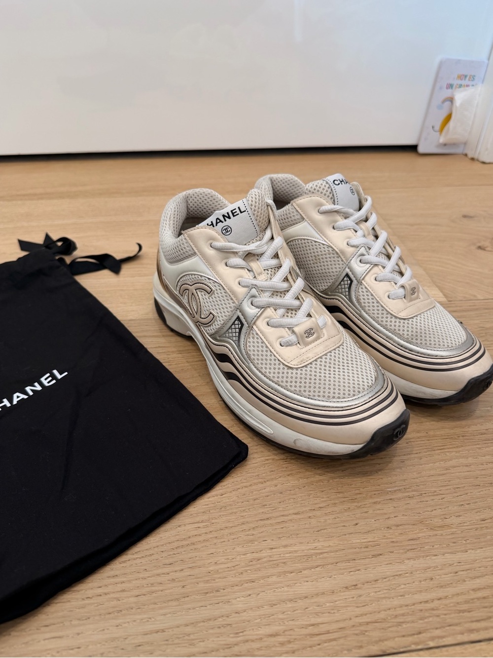 CHANEL Beige Cream Lace-Up Sneakers with Logo
